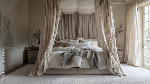 Luxurious canopy bed with neutral tones, complemented by soft textures, evokes tranquility and elegance. A haven of comfort.