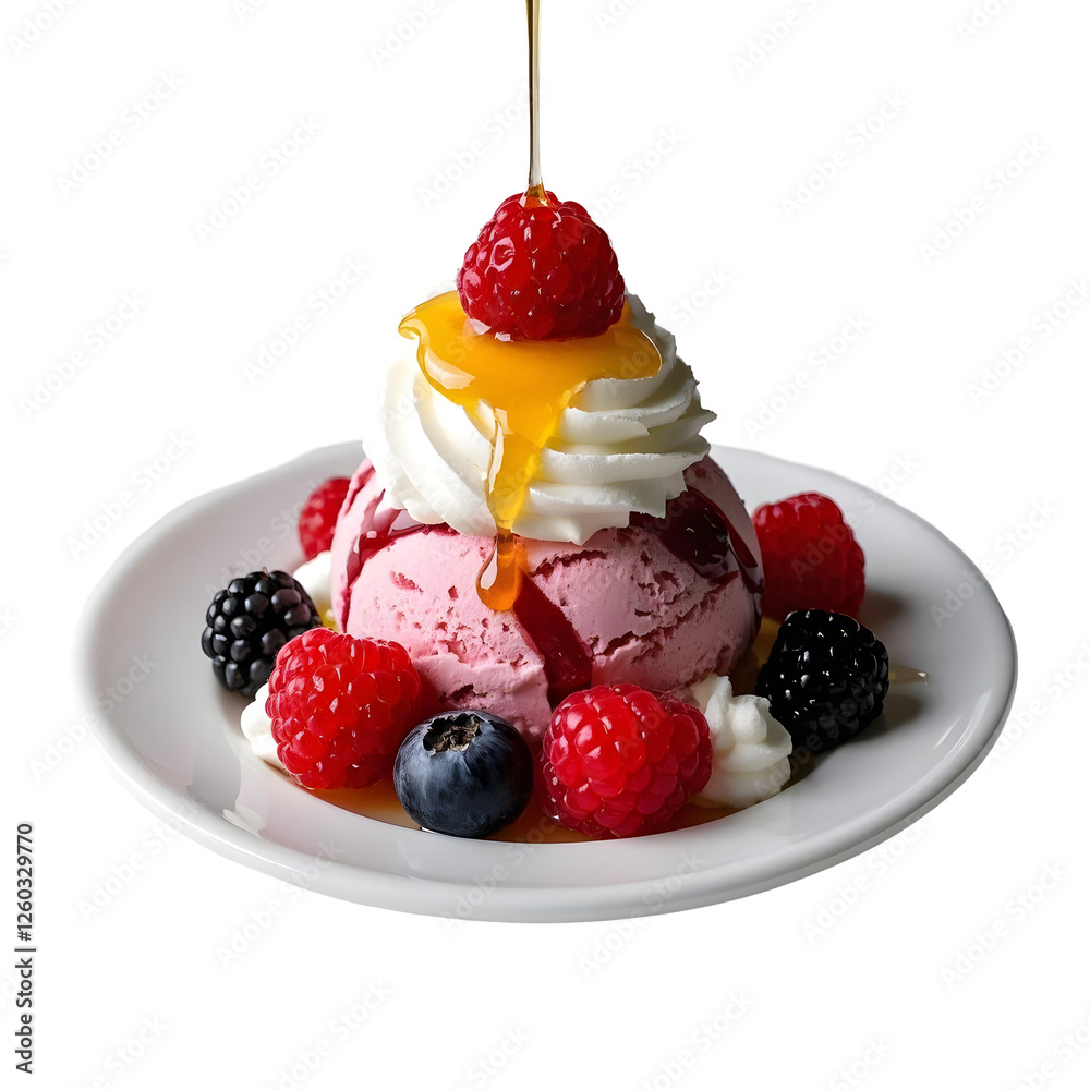 An elegant plated ice cream sundae with fresh berries, whipped cream, and a drizzle of honey An elegant plated ice cream sundae with fresh berries, whipped cream, and a drizzle of honey