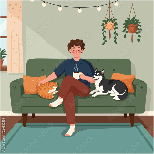 Relaxing at Home Man with Coffee, Cat and Dog on Sofa