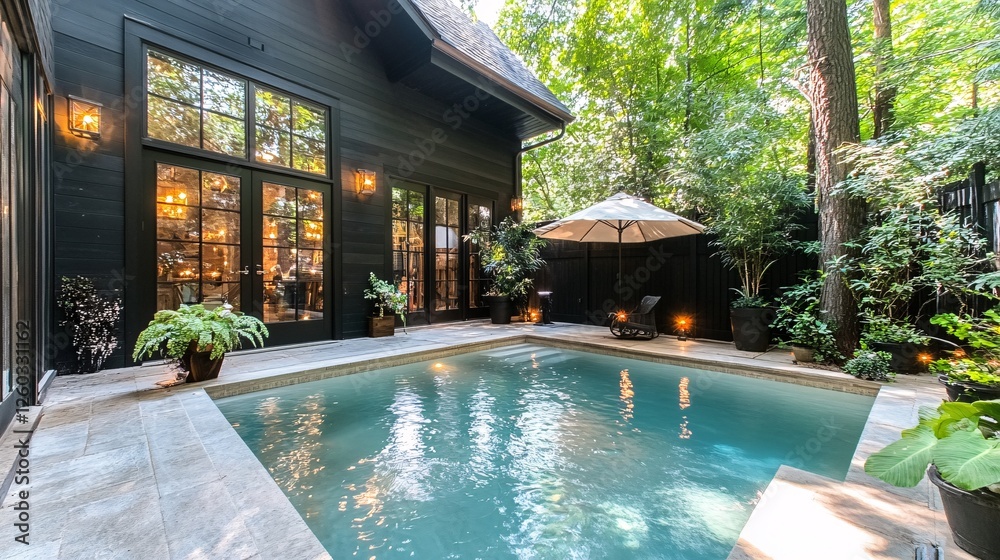 custom made wallpaper toronto digitalSerene Backyard Oasis with Pool Surrounded by Lush Greenery and Cozy Outdoor Furniture