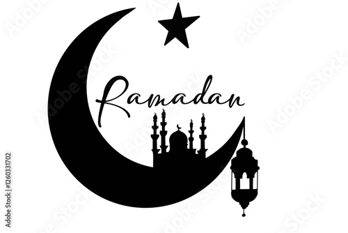 Eid Mubarak logo, black silhouette of an Islamic mosque and a crescent with a lantern, Ramadan vector illustration