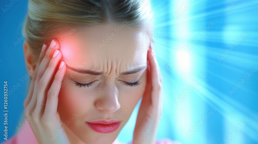 Fototapeta premium Woman suffering from strong migraine, touching temples with hands and closing eyes near window light