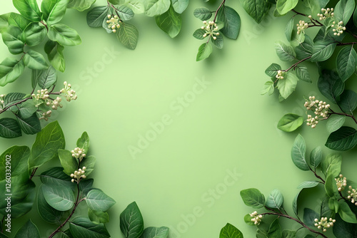 Vibrant Greenery with Lavender Berries Frame, Green Background