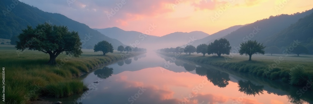 Misty dawn on a tranquil river valley with hills and olive trees, hills, foggy mornings, dawn Misty dawn on a tranquil river valley with hills and olive trees, hills, foggy mornings, dawn