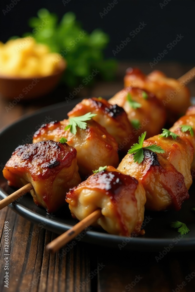 Mixed kebab skewers with lamb and chicken served hot, dish, warm Mixed kebab skewers with lamb and chicken served hot, dish, warm