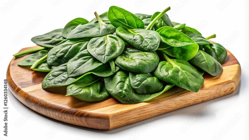 Fresh Spinach Leaves on Wooden Cutting Board isolated on white background-A pile of fresh spinach leaves neatly arranged on a wooden cutting board, perfect for healthy meals or salads. Fresh Spinach Leaves on Wooden Cutting Board isolated on white background-A pile of fresh spinach leaves neatly arranged on a wooden cutting board, perfect for healthy meals or salads.