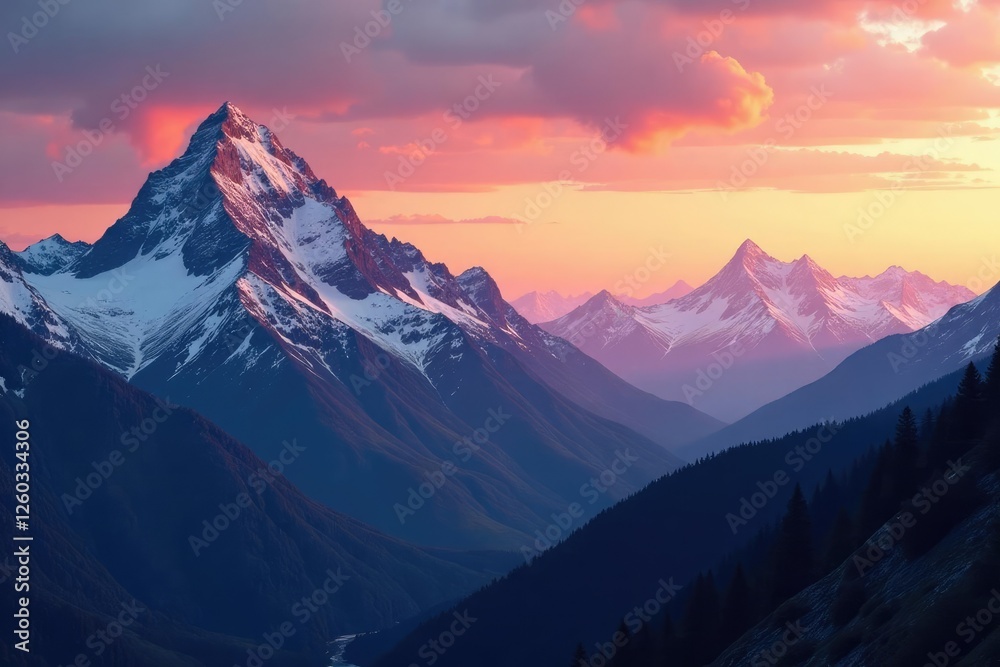 Fototapeta premium Mountain ranges at sunset, snow-capped peaks in the distance, distant, snow, peaks