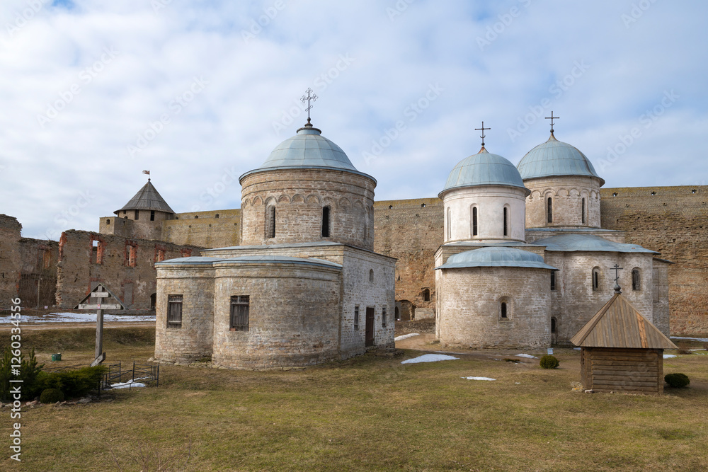 Fototapeta premium In the ancient Ivangorod fortress on a March day. Leningrad region, Russia