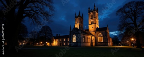 Nighttime shadow of the Tower of St Edmundsbury Cathedral on a nearby wall, architechure, church photo