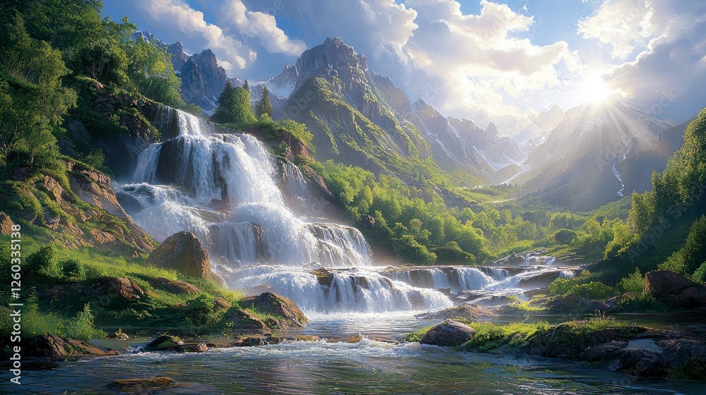 Fototapeta premium Majestic Waterfall in Mountain Landscape: A Serene Nature Scene