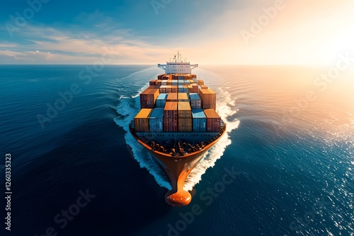 Large Container Ship Navigating Through Calm Ocean Waters at Sunset