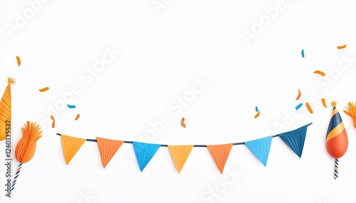 Colorful party decorations with festive hats and confetti on a white background photo