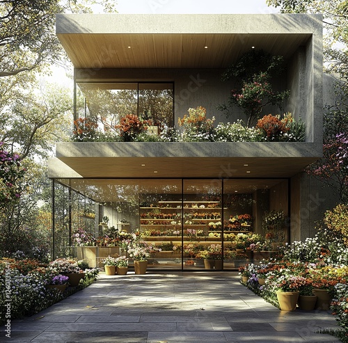 Modern minimalist flower shop exterior with wood slats and concrete flooring