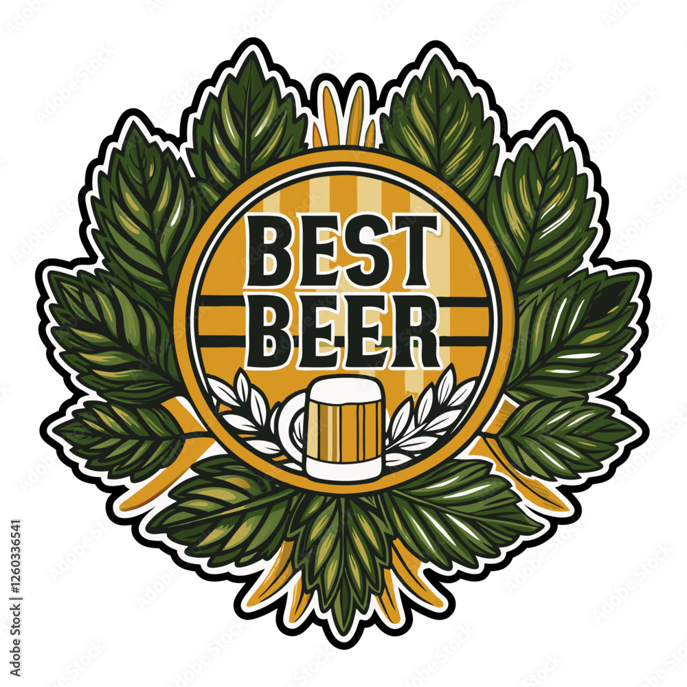 Round beer emblema showcasing a full glass of beer, surrounded by hops and barley, celebrating the rich brewing tradition and the art of crafting the best beer