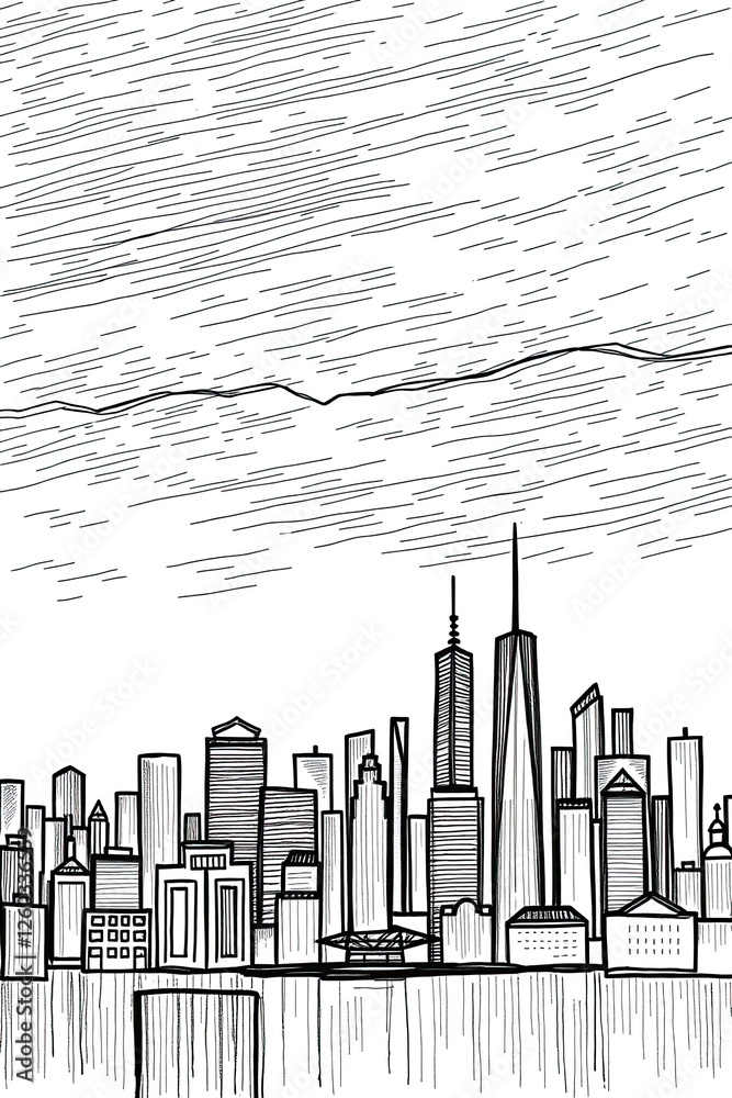 Obraz premium New York City skyline coloring page and line art drawing featuring famous buildings and a dramatic sky for creative coloring fun