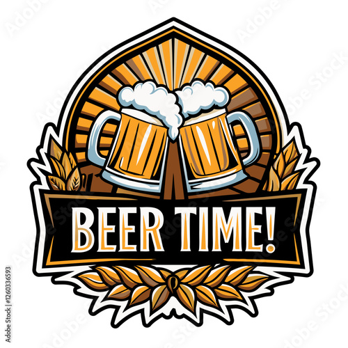Two beer mugs, brimming with foamy beer, clinking together in a celebratory toast, set against a backdrop of a stylized sunburst, framed by hops, with a banner proclaiming beer time.