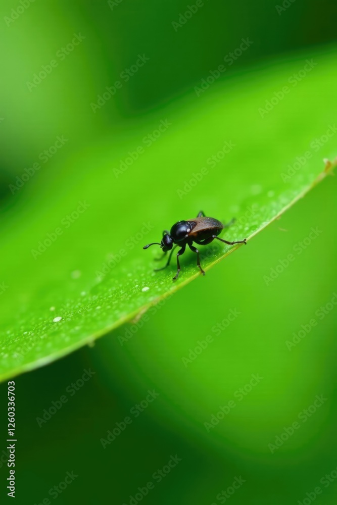 Small dark insect on the underside of a green leaf surface, small Small dark insect on the underside of a green leaf surface, small