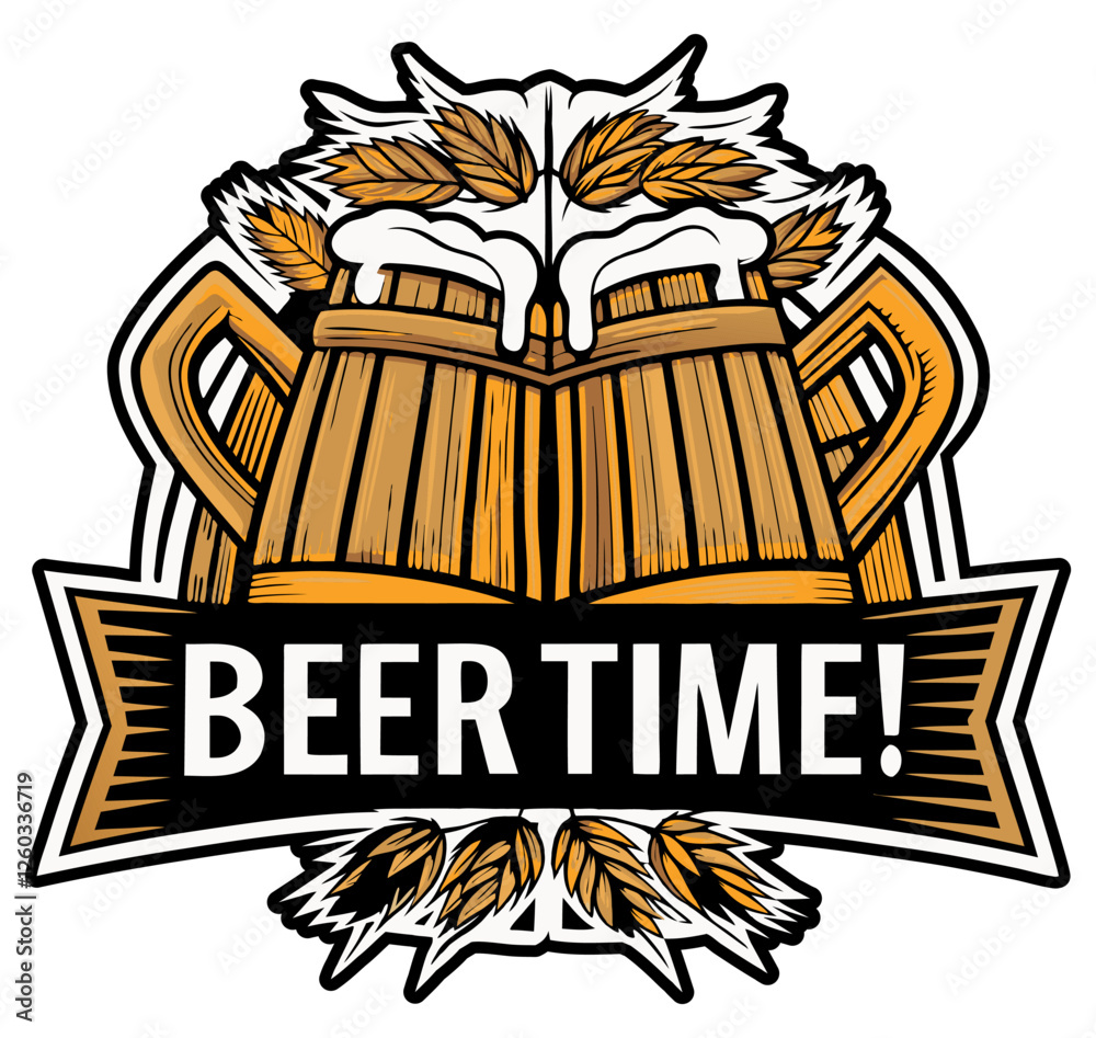 Obraz premium Two wooden beer mugs overflowing with frothy beer, surrounded by barley and hops, creating a beer time logo perfect for pubs, breweries, and beer centric businesses