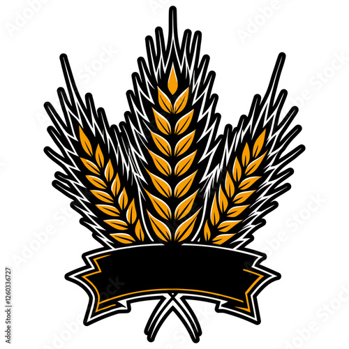 Brewery logo design featuring three ears of wheat forming a triangular shape, with a black ribbon underneath for adding custom text, ideal for beer and brewery branding