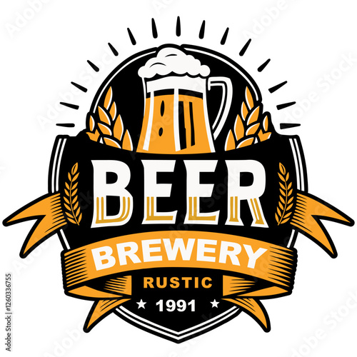 Beer brewery logo design featuring a mug of foamy beer, barley ears, and ribbon banners, celebrating the tradition of brewing since 1991 with rustic charm