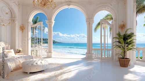 Luxurious Coastal Bedroom with Stunning Ocean View through Grand Arched Windows in Bright Sunlight
