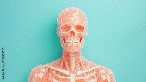 A colorful, artistic representation of a skeleton against a bright blue background, blending anatomy with vibrant design elements.