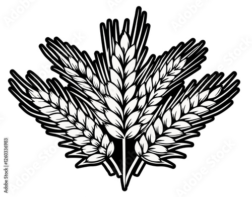 Bunch of barley spikes with pointed leaves creating a vintage monochrome emblem, ideal for craft beer brewery logos or pub branding, exuding a classic agricultural charm