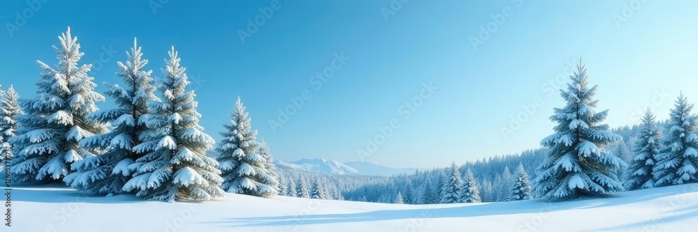 snow-covered evergreen trees against a clear blue sky, calming, evergreen snow-covered evergreen trees against a clear blue sky, calming, evergreen