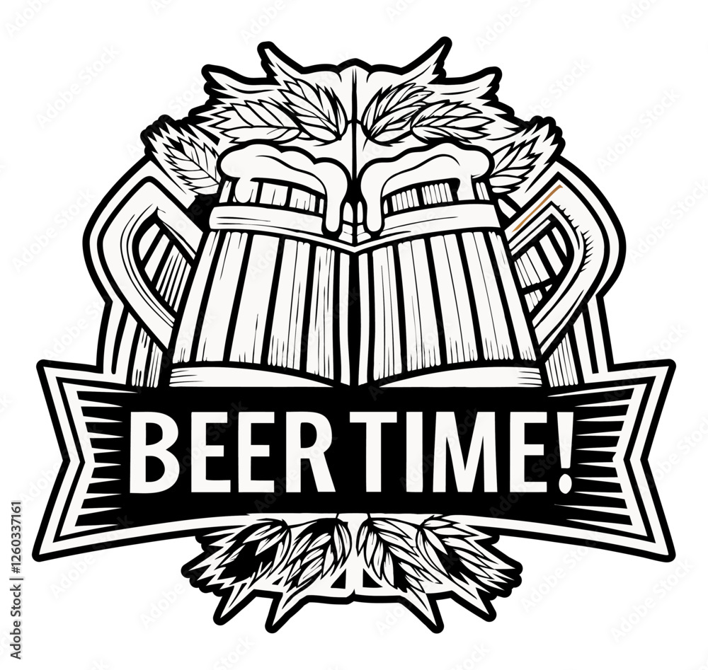 Obraz premium This vintage style illustration features two overflowing beer mugs topped with hop leaves, accompanied by a ribbon banner proclaiming beer time.