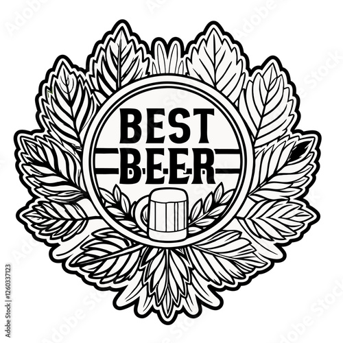 Round black and white emblema featuring the text best beer, decorated with hops and a crown cap, perfect for promoting brewing and beer related products or events