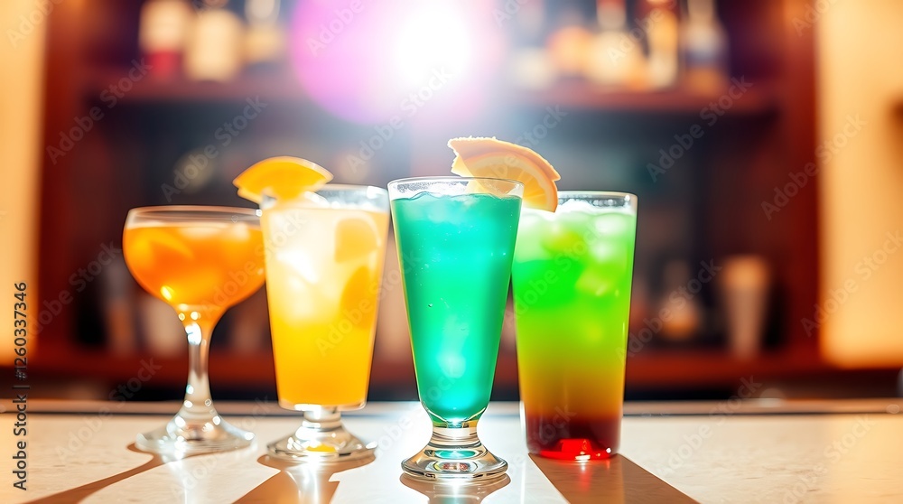 Five cocktails on the bar counter