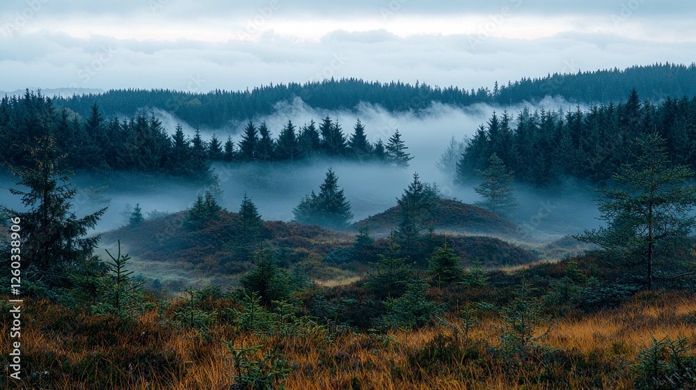 Fototapeta premium Misty Forest Landscape: Enchanting Autumn Scenery