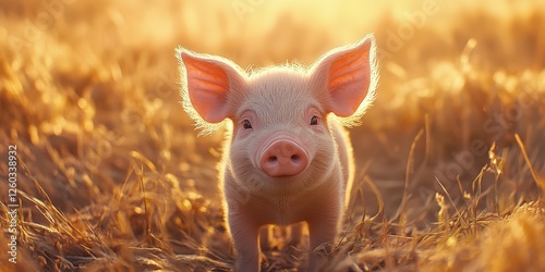 A pig's expressive eyes meet yours from a sunlit field of golden hay; ears perked, it gazes dreamily to the right photo