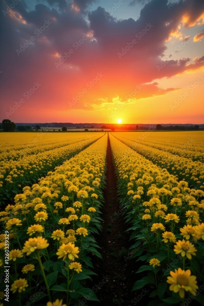 Obraz premium Sunset over a sea of yellow flowers in a vast field, horizon, vastness, colors