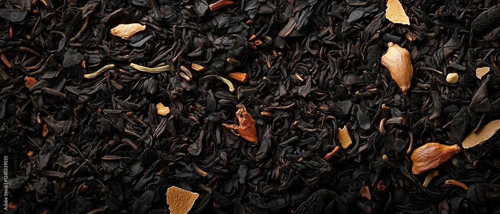 Loose black tea leaves with spices, textured close-up, organic herbal blend, dried tea composition, aromatic ingredients, dark natural infusion, exotic warm beverage, rustic dry leaf mixture Loose black tea leaves with spices, textured close-up, organic herbal blend, dried tea composition, aromatic ingredients, dark natural infusion, exotic warm beverage, rustic dry leaf mixture
