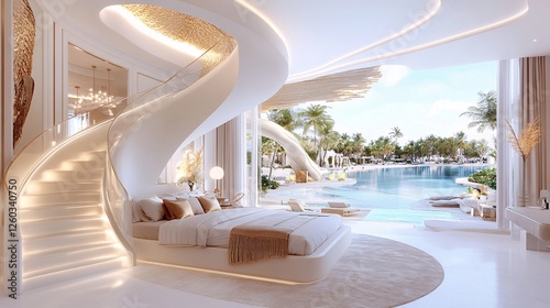 Modern luxury bedroom with curved staircase and panoramic view of a tropical poolside paradise