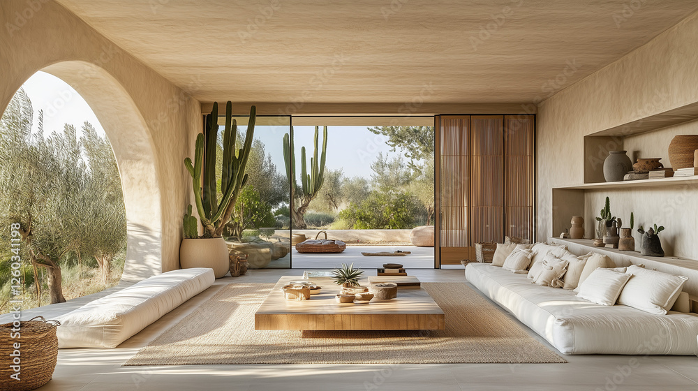 Fototapeta premium Minimalist Mediterranean living room with natural light.