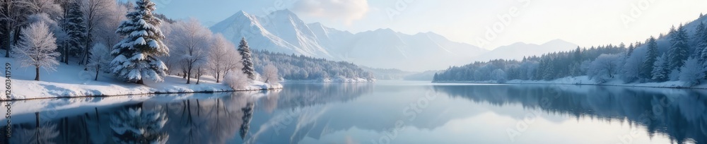 Trees reflected in lake water, serene winter scene, serene, reflection Trees reflected in lake water, serene winter scene, serene, reflection