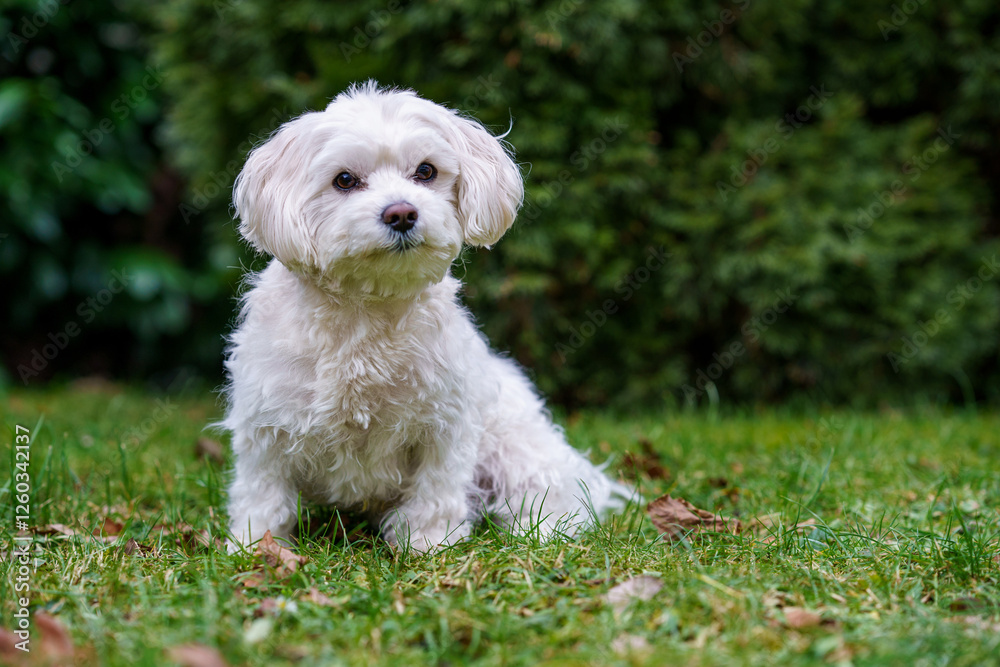 Maltese dog, pet, white puppy in garden. Cute family dog.