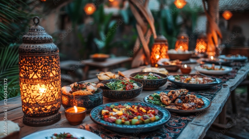 Fototapeta premium A Festive Outdoor Dinner Table With Delicious Food