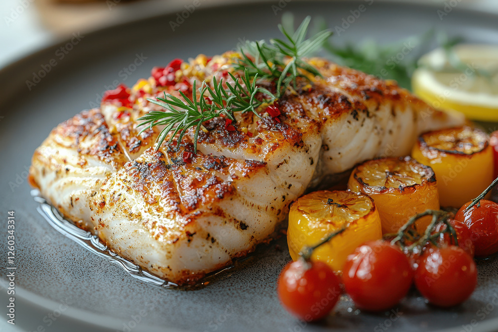 Grilled cod fillet with roasted cherry tomatoes and herbs on a plate Grilled cod fillet with roasted cherry tomatoes and herbs on a plate