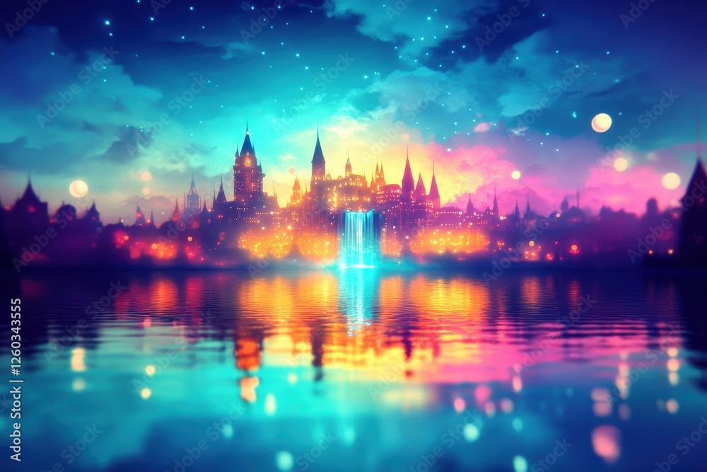 Fototapeta premium Floating city waterfall fantasy in enchanted landscape vibrant colors dreamlike scenery nighttime view