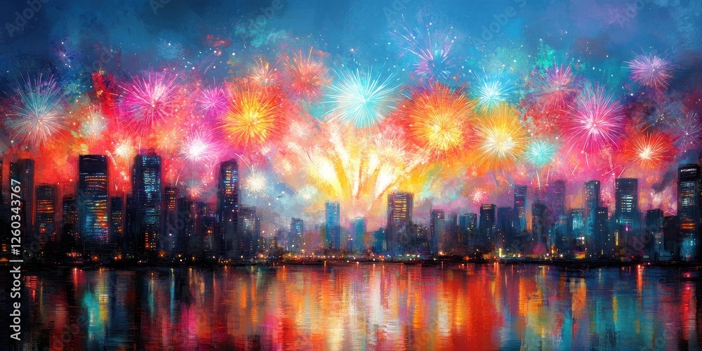 Obraz premium Spectacular fireworks display over tokyo city at night stunning colorful visuals in urban skyline reflection