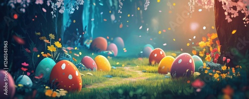 Colorful Easter eggs in enchanted forest with magical atmosphere, fantastical Easter egg hunt background in 3D render banner in fantasy style. Festive mood concept.