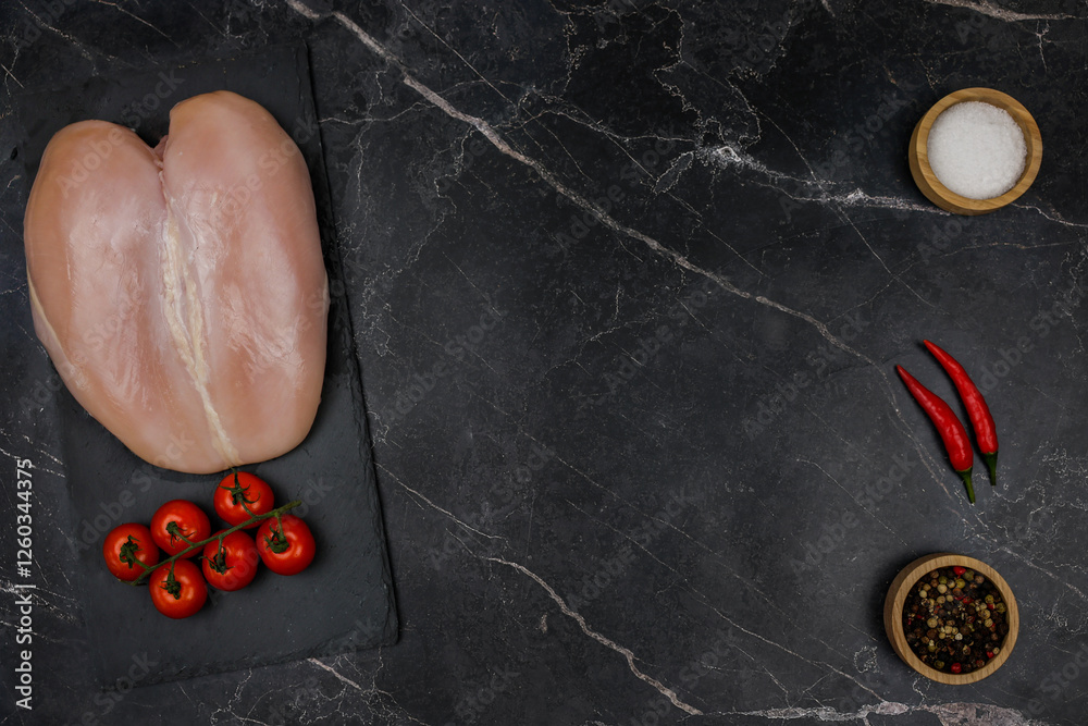 Obraz premium Chicken breast fillet with tomato sprig lies on a black board on the other side with spices and salt in wooden bowls and red hot pepper on a dark background with space for text in the center. The