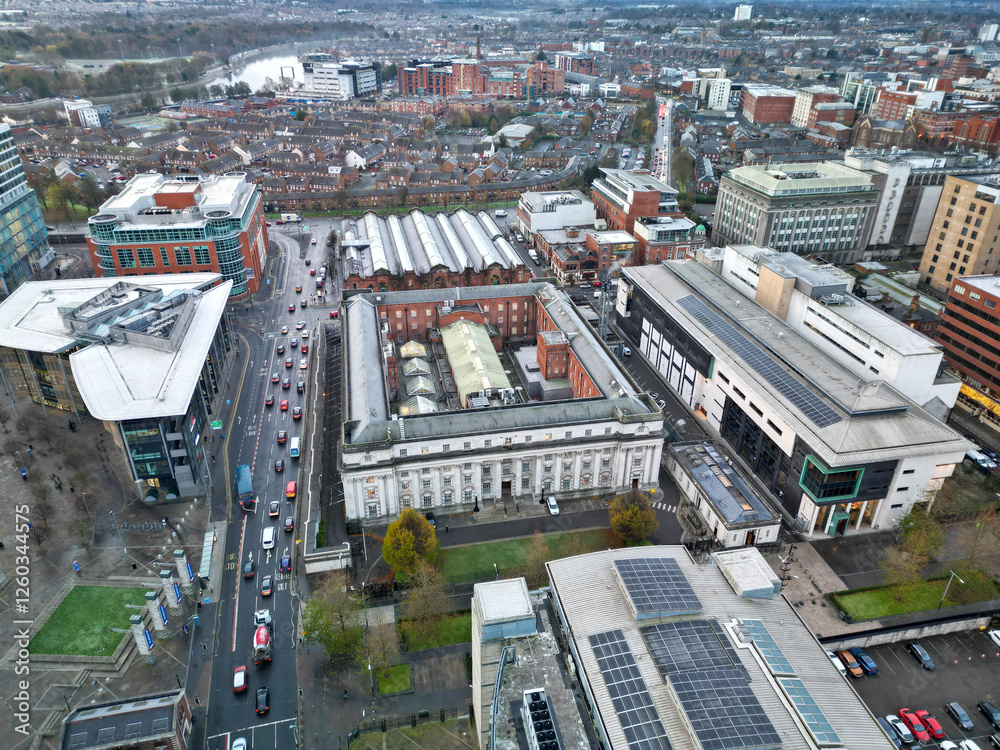 Fototapeta premium Aerial shot Royal Courts of Justice, Oxford Street, Belfast Northern Ireland