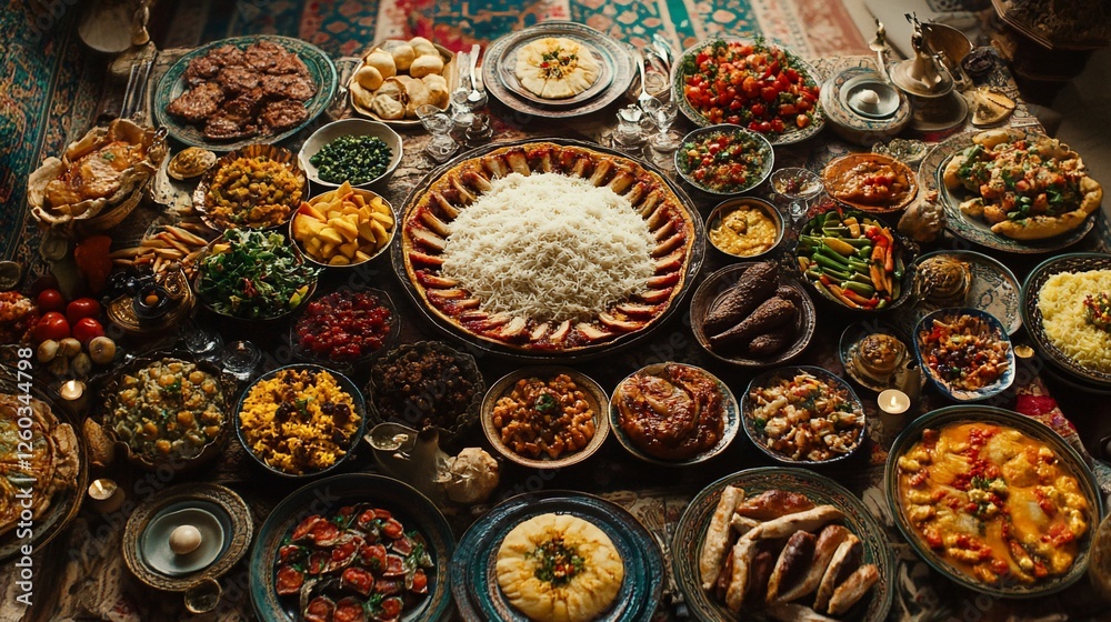 Abundant feast, diverse dishes, rustic setting, family gathering Abundant feast, diverse dishes, rustic setting, family gathering