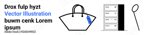 Handbag with tag suggests shopping theme, server rack hints at cloud storage or technology, while magnifying glass relates to search or investigation. Ideal for e-commerce, technology, research