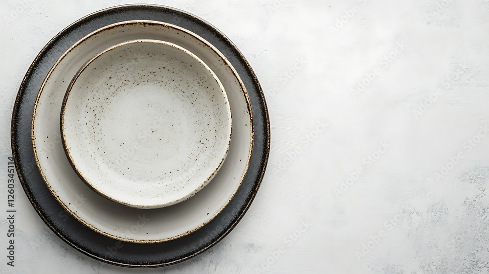 Empty rustic bowls, plates, table setting, food background Empty rustic bowls, plates, table setting, food background