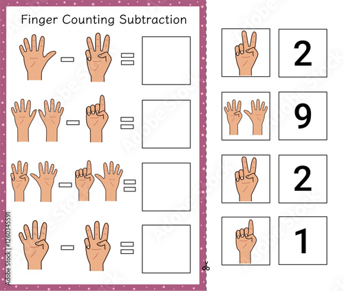 Subtraction worksheet for kids with finger counting. Early math activity page 1 to 10 for school and preschool. Learn to count cut and paste game. Vector illustration